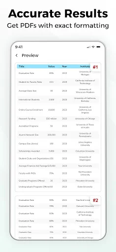 Accurate PDF conversion results showing spreadsheet with exact formatting preserved in mobile preview