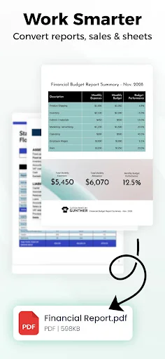 Financial report conversion example with Excel spreadsheet being converted to PDF file