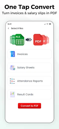 One-tap file selection screen with Excel files, invoices, salary sheets, and conversion button