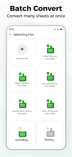 Batch conversion screen displaying multiple Excel files uploading and converting at once