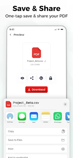 PDF save and share screen with download button and multiple file sharing options available