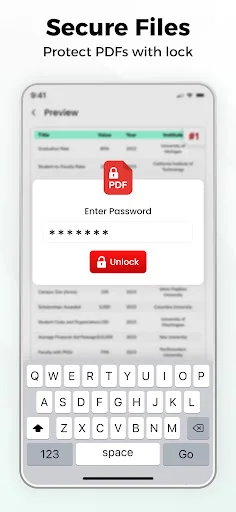 Secure PDF protection screen with password entry field, keyboard, and unlock button