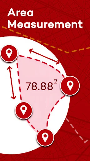 Area Measurement feature displaying GPS-mapped polygon with location pins and dashed boundary lines showing calculated area value of 78.88 square units