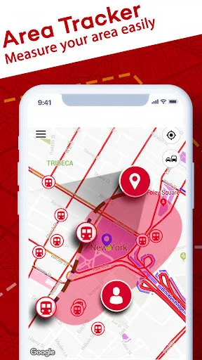 Area Tracker map view with multiple GPS markers and highlighted measurement zones overlaid on interactive map for area measurement tracking