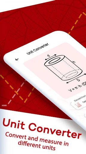 Unit Converter tool interface showing measurement diagram with formula for converting field area and volume measurements between different units