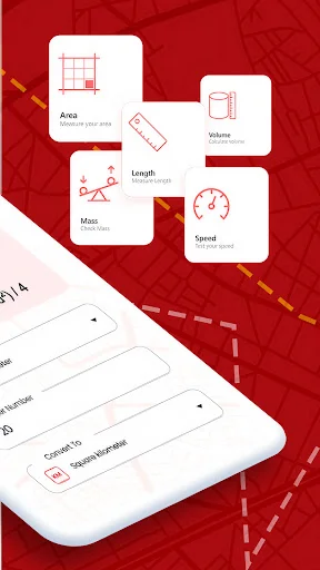 Feature menu displaying four measurement tools: Area calculator with grid icon, Volume converter, Length measurement, and Speed tracker options