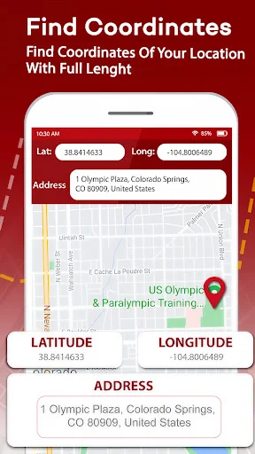 Find Coordinates screen showing GPS location with latitude 38.8414633, longitude -104.8006489, and address at 1 Olympic Plaza Colorado Springs