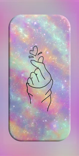 Rainbow galaxy sparkle finger heart wallpaper with line art hand and floating heart designs