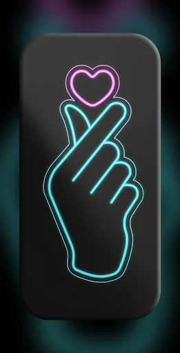 Neon cyan purple finger heart wallpaper with outlined hand gesture and glowing heart symbol