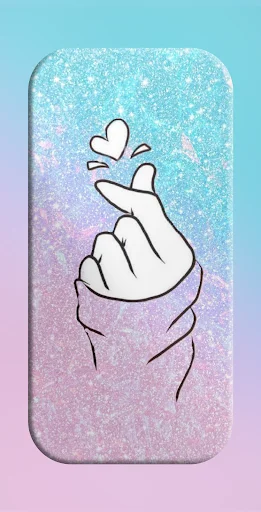 Glitter gradient cyan pink finger heart wallpaper with hand gesture and floating hearts