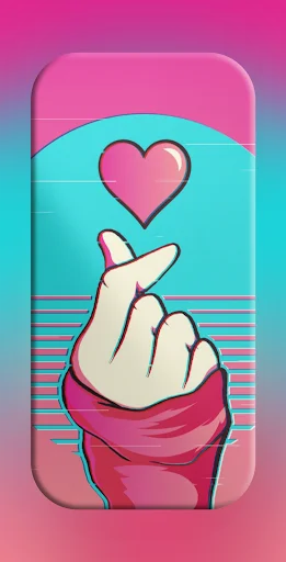 Retro vaporwave finger heart wallpaper with pink cyan aesthetic and hand gesture design