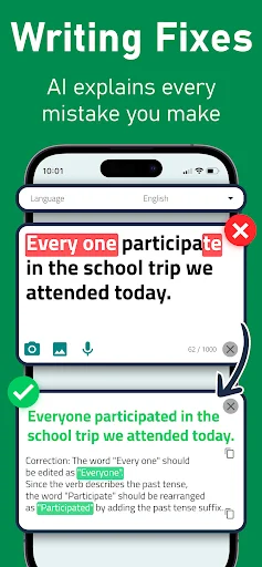 Writing Fixes feature showing AI grammar corrections with highlighted errors and detailed explanations for spelling and grammar mistakes