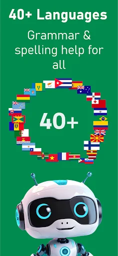 Multilingual support screen displaying 40+ language flags in circular arrangement for grammar and spelling assistance worldwide