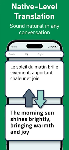 Native-level translation feature converting French text to English with natural-sounding output for authentic conversations