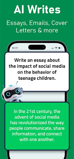 AI Writes feature generating full essays and professional content from writing prompts about social media and teenage behavior