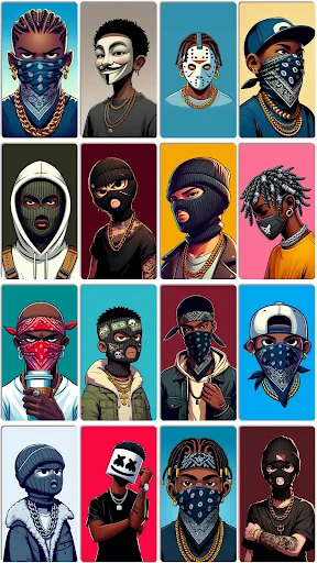Street-style character avatar collection featuring masked faces, bandanas, and colorful urban aesthetic wallpaper options