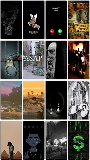 Wallpaper collection preview with urban scenes, nature imagery, text designs, artistic portraits, and diverse style selections