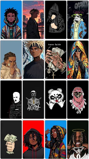 Hip-hop inspired character wallpapers featuring illustrated portraits with stylized designs in vibrant and artistic color palettes