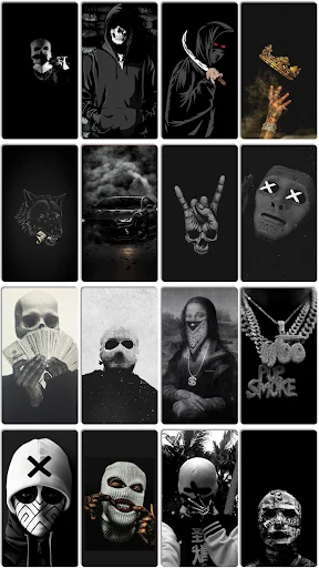 Dark wallpaper designs showcase featuring skulls, face art, hand imagery, and minimalist black and white artistic patterns
