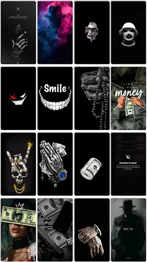 Grid of dark cool wallpapers featuring hands, skulls, and minimalist designs for phone customization
