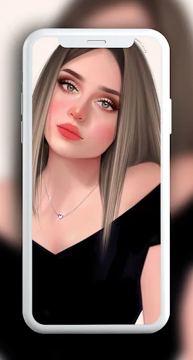 Aesthetic girly wallpaper preview: illustrated girl with brown hair, light makeup, and silver necklace displayed in phone mockup personalization app