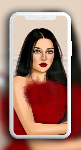 Bold cute beauty wallpaper: illustrated girl with black hair and red lipstick in fuzzy red garment shown in phone mockup personalization app
