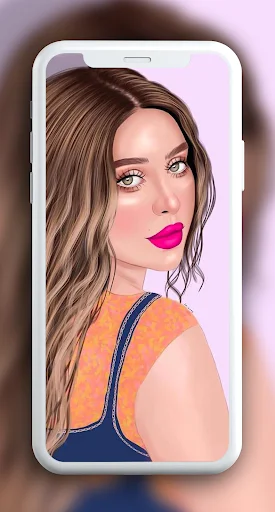 Colorful girly wallpaper preview: illustrated girl with brown wavy hair, pink lips, and orange blue top in phone mockup personalization