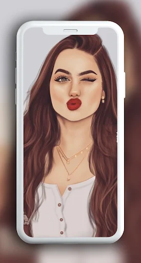 Natural aesthetic girly wallpaper: illustrated girl with burgundy hair, red lips, white top displayed in phone mockup personalization app