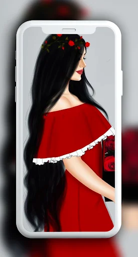 Romantic aesthetic girly wallpaper: illustrated girl with flower crown and red off-shoulder top in phone mockup personalization app
