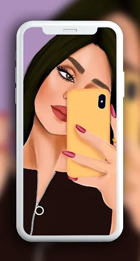 Modern cute beauty wallpaper preview: illustrated girl with dark hair holding yellow phone displayed in phone mockup personalization app
