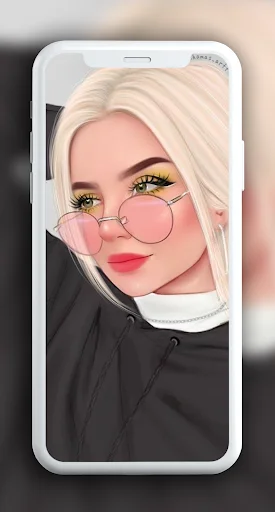 Y2K aesthetic girly wallpaper: illustrated girl with white hair, pink round glasses, black hoodie in phone mockup personalization app