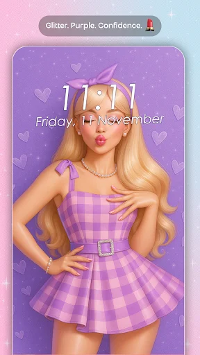 Cute girly wallpaper featuring purple dress anime girl with digital clock and sparkly aesthetic personalization option