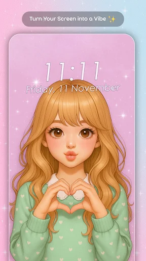 Pink gradient wallpaper with brown-haired anime girl making heart hand gesture for aesthetic phone customization