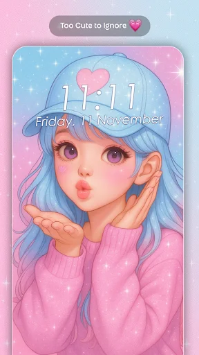 Blue and pink gradient wallpaper with blue-haired anime girl in hoodie for cute girly phone screen personalization
