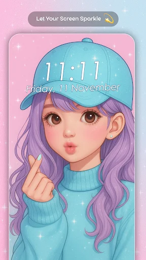 Sparkly anime wallpaper with purple-haired character, teal cap, digital clock and cute girly screen personalization feature