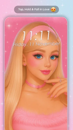 Pink aesthetic wallpaper showing blonde anime girl with digital clock display and romantic cute home screen customization