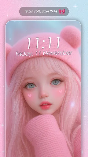 Soft pink cute wallpaper featuring anime girl, digital clock widget and feminine aesthetic screen personalization option