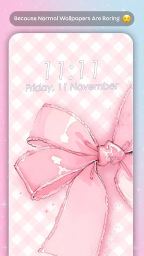 Abstract pink bow wallpaper with checkered background, digital clock and cute girly aesthetic home screen customization