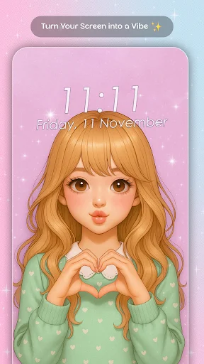 Love-themed wallpaper with orange-haired anime girl making heart gesture, digital clock and vibe aesthetic personalization