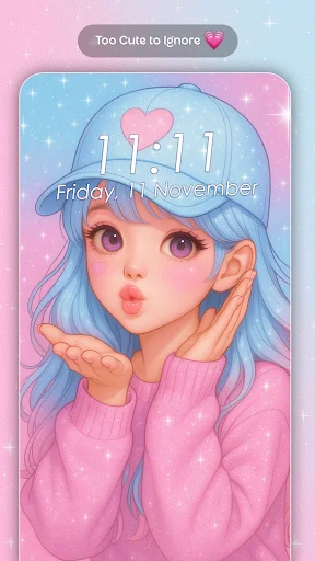 Blue cute wallpaper with anime girl in beanie and heart, digital clock display and girly aesthetic screen personalization