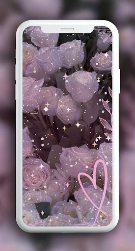 Purple glitter wallpaper featuring roses, stars, and heart designs on phone