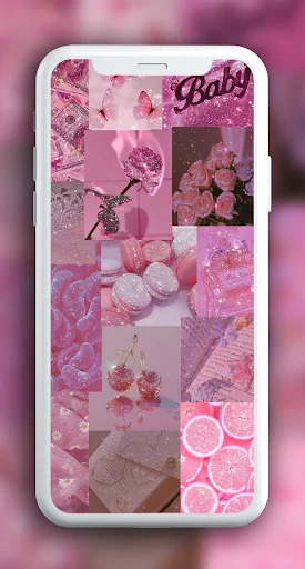 Pink sparkly wallpaper collection grid with baby text, flowers, and designs