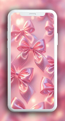 Pink iridescent bow wallpaper with sparkles and light effects on phone display