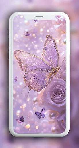 Purple sparkly butterfly wallpaper with roses and bokeh effects on phone screen