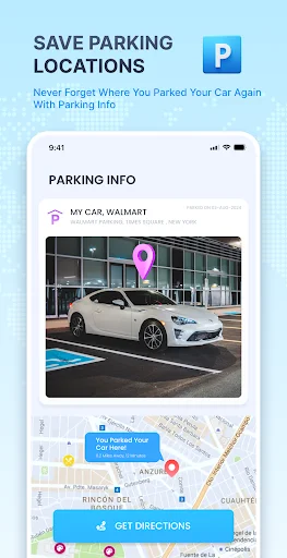 GPS app parking location feature displays saved car position at Walmart with photo, parking info card, and set directions button