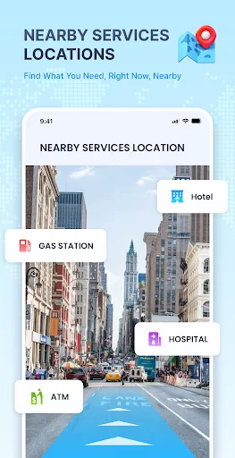 GPS navigation app nearby services finder showing gas stations, hotels, hospitals, and ATM locations marked on city map