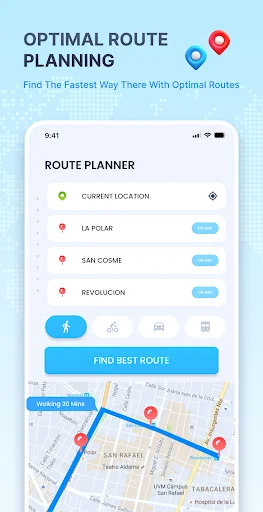 GPS route planner interface with multiple destinations displaying optimal route calculation and find best route button on map