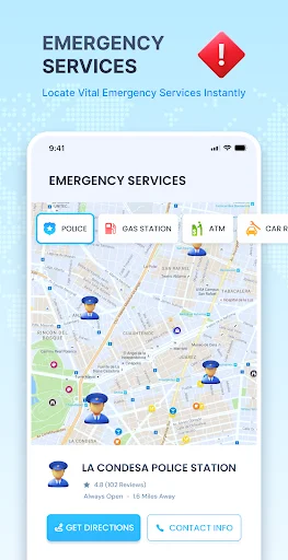 Emergency services locator in GPS app showing police station position with distance, directions button, and contact info option