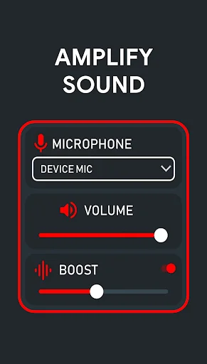 Hear Clear amplify sound screen with microphone selection dropdown, volume slider, and boost control for hearing amplification