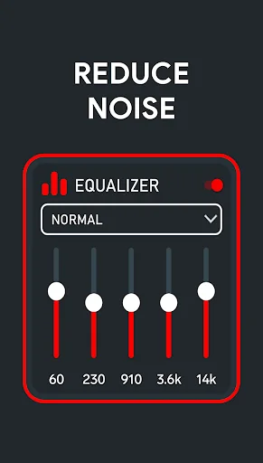Hear Clear reduce noise screen with equalizer showing five frequency sliders at 60, 230, 910, 3.6k, and 14k Hz